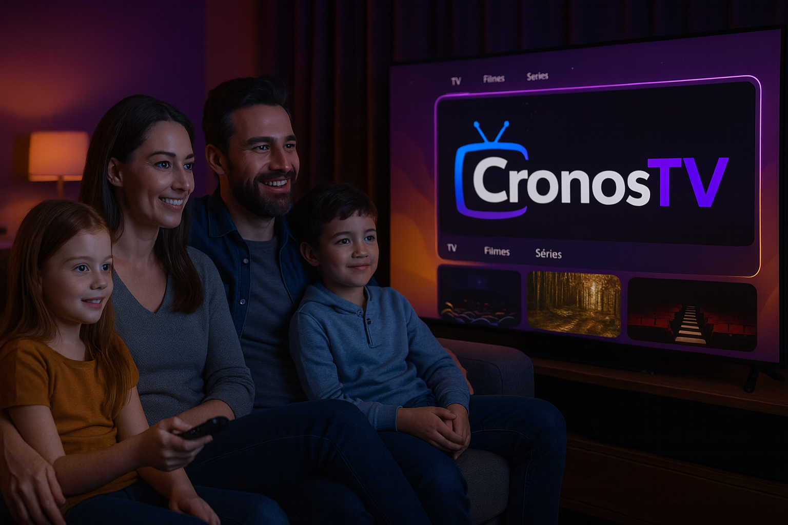 Família reunida assistindo CronosTV